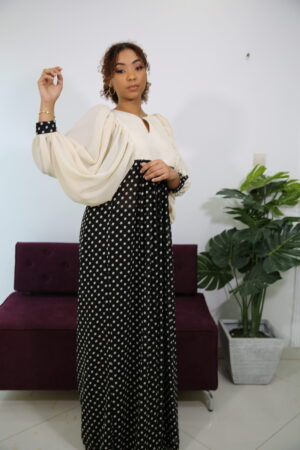 Robe longue à fronce en crêpe Georgette - motif petit pois