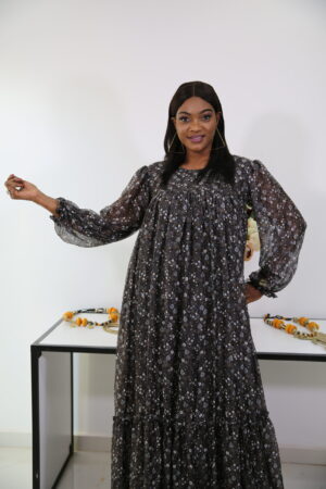 Robe longue en voile de soie - motif fleurette