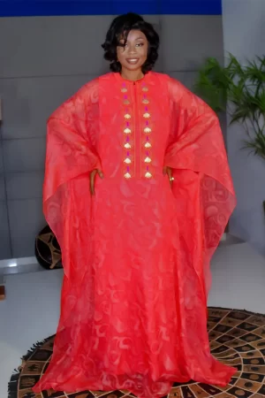 Robe Longue Corail Broderie Dorée