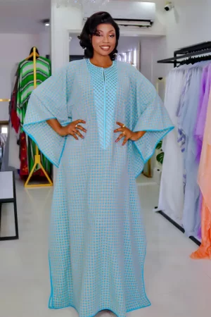 Robe Longue Bleu Ciel à Carreaux